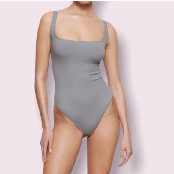 Skims Women’s XL Square Neck‎ Cotton Rib Bodysuit Pacific Gray Snap Close New - Picture 1 of 8